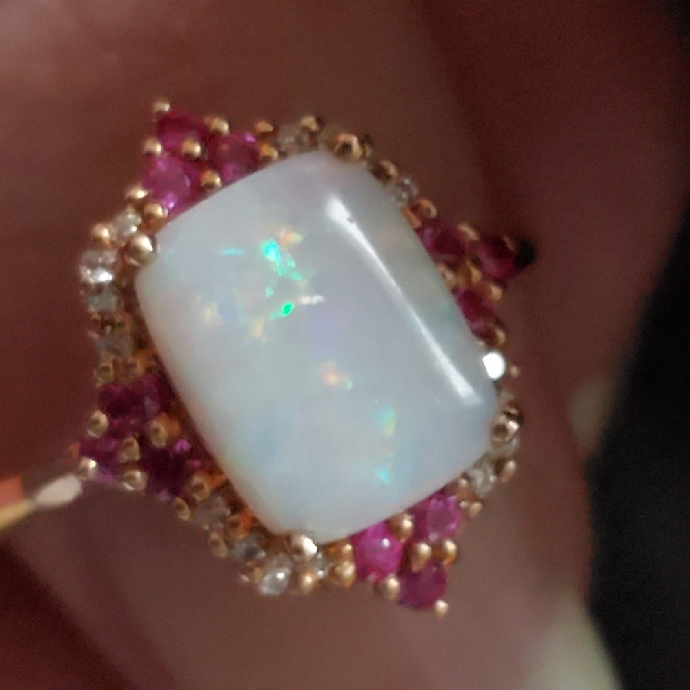 New & unworn 14K Opal Ruby Diamond Accent.  Rose Gold - Size 7.